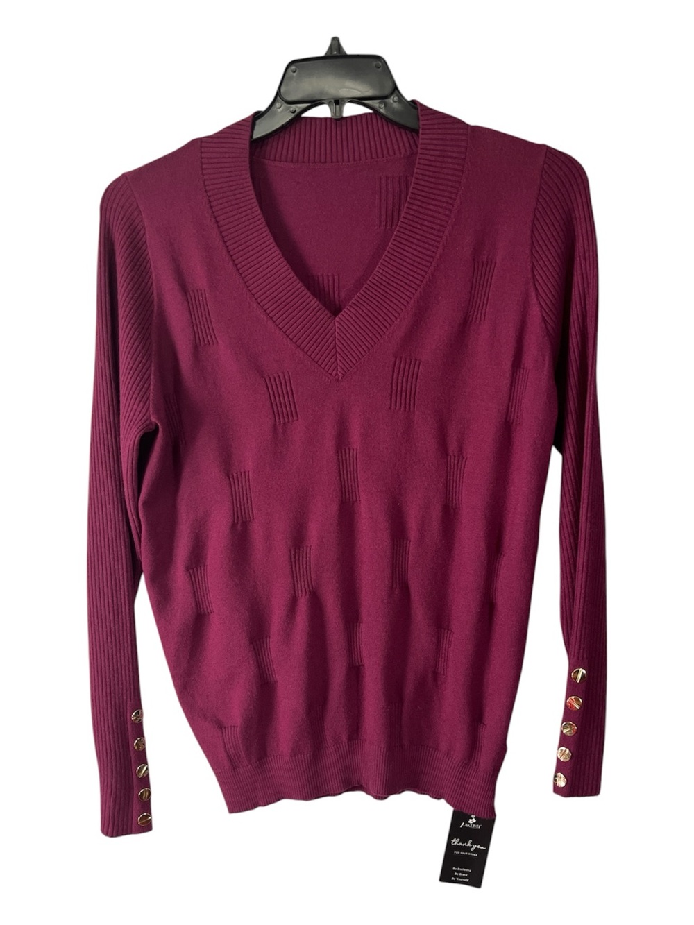AkeWei Burgundy V-Neck Textured Knit Sweater Gold Button Cuff L NWT